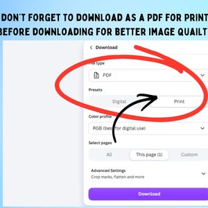 Puede incluir: Un men&uacute; de descarga digital con una ventana emergente blanca que muestra la selecci&oacute;n de tipo de archivo PDF, un bot&oacute;n de ajuste preestablecido Print rodeado en rojo con una flecha negra y un bot&oacute;n Download morado en la parte inferior.