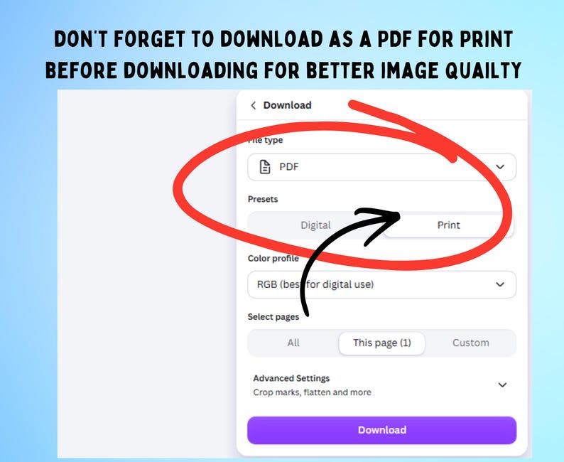 Puede incluir: Un men&uacute; de descarga digital con una ventana emergente blanca que muestra la selecci&oacute;n de tipo de archivo PDF, un bot&oacute;n de ajuste preestablecido Print rodeado en rojo con una flecha negra y un bot&oacute;n Download morado en la parte inferior.