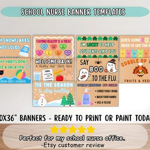 May include: A collection of six school nurse banner templates with health and wellness themes. Each banner features colourful illustrations and text, including phrases like "Catch Snowflakes Not Colds" and "Gobble Up Your Fruits & Veggies." Banners measure 152x91cm.