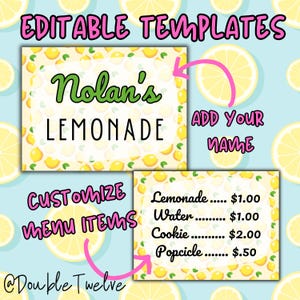 Custom Kids Lemonade Stand Sign Bundle, Lemonade Stand Yard Sign, Menu Pricing Sign, Personalized Lemonade Booth Sign, Editable Summer Booth