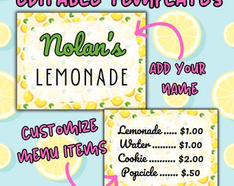 Custom Kids Lemonade Stand Sign Bundle, Lemonade Stand Yard Sign, Menu Pricing Sign, Personalized Lemonade Booth Sign, Editable Summer Booth
