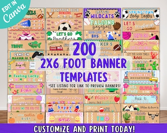 May include: A collection of 200 banner templates in a 2x6 foot format, featuring diverse graphic designs for various occasions including birthdays, school events, and sports, with customizable text elements visible throughout the grid.