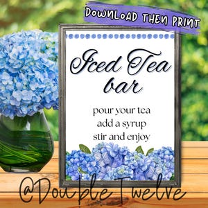 Iced Tea Bar Menü Schild, Hortensien Blau Sommer BBQ Party Geburtstag Brunch Dusche Getränk Menü Schilder, Instant Print PDF, Braut Baby Abschlussfeier