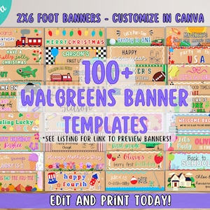 May include: A collection of over 100 customizable 2x6 foot banner templates featuring various themes including birthdays, holidays, and school events. The designs include colorful text, illustrations, and graphics on a light brown background.