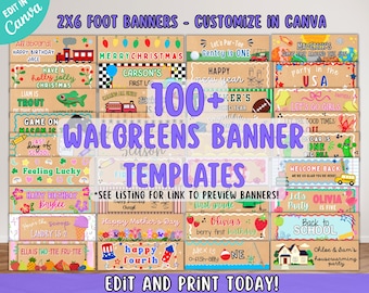 Walgreens-bannersjablonen, spandoeken van 2 x 6 voet om af te drukken, meer dan 100 afdrukbare spandoeken voor verjaardagen van jongens/meisjes, 4 juli, afstuderen, kerstmis