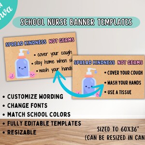May include: Two brown rectangular banners with the text "SPREAD KINDNESS NOT GERMS" and health tips. One banner shows a blue hand sanitizer with a smiling face. The text includes "cover your cough" and "wash your hands". The banner is sized to 152x91 cm.