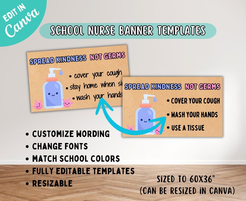 May include: Two brown rectangular banners with the text "SPREAD KINDNESS NOT GERMS" and health tips. One banner shows a blue hand sanitizer with a smiling face. The text includes "cover your cough" and "wash your hands". The banner is sized to 152x91 cm.