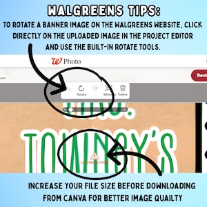 Puede incluir: Un gr&aacute;fico instructivo digital titulado WALGREENS TIPS. Muestra una interfaz de sitio web con un icono de herramienta de rotaci&oacute;n rodeado en negro y un icono de advertencia de baja resoluci&oacute;n sobre un dise&ntilde;o de banner. El texto gu&iacute;a sobre c&oacute;mo rotar im&aacute;genes y aumentar el tama&ntilde;o del archivo.