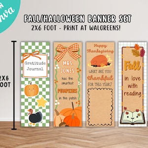 Puede incluir: Un conjunto de cuatro pancartas rectangulares verticales tituladas Fall/Halloween Banner Set 2x6 foot. Cada pancarta presenta gr&aacute;ficos estacionales que incluyen calabazas, un pavo, un pavo asado y un libro abierto con hojas de oto&ntilde;o.