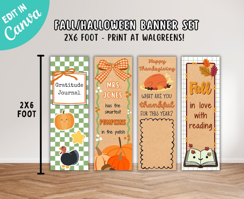 Puede incluir: Un conjunto de cuatro pancartas rectangulares verticales tituladas Fall/Halloween Banner Set 2x6 foot. Cada pancarta presenta gr&aacute;ficos estacionales que incluyen calabazas, un pavo, un pavo asado y un libro abierto con hojas de oto&ntilde;o.