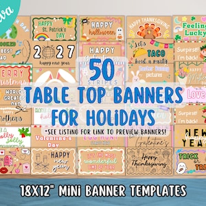 May include: A collection of 50 rectangular table top banners featuring various holiday themes and designs on a kraft paper background. The banners include text and graphics for occasions like Christmas, Halloween, Thanksgiving, and New Year, measuring 46x30 cm.