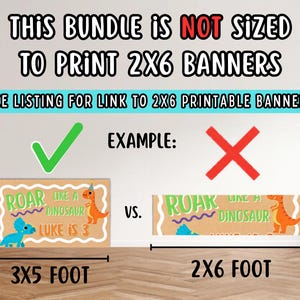 以下が含まれることがあります： バナーのサイズを比較した画像。テキストには「このバンドルは2X6バナーを印刷するようにサイズ設定されていません」と書かれています。例として、チェックマークが付いた3x5フィートのバナーと、Xが付いた2x6フィートのバナーが表示されています。