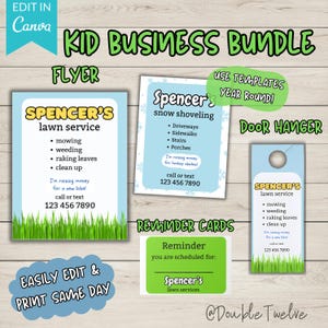 Drukowana ulotka biznesowa dla dzieci, zestaw startowy pakietu biznesowego, Kidpreneur, przedsiębiorca, koszenie trawnika, szablon Canva, wieszak na drzwi z kartką przypominającą