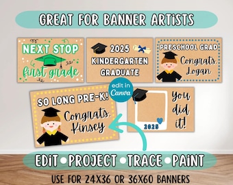 Plantillas de pancartas de graduación, decoración para fiestas de graduación de preescolar, jardín de infancia y escuela primaria, plantilla editable de Canva, maquetas de pancartas pintadas a mano,