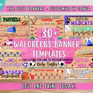 May include: A collection of 2x6 foot banner templates featuring various sports themes including football, basketball, baseball, and cheerleading. The designs incorporate text such as Let's Go, Seniors, and team names, with graphics of balls, megaphones, and pennants.