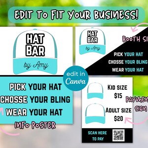 May include: Promotional graphic for a hat bar business, featuring a logo with a hat illustration and the text "HAT BAR by Amy." The design includes an info poster with instructions and a booth sign. A payments sign shows kid and adult sizes.