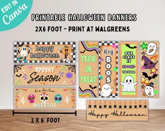 Puede incluir: Una colección de pancartas de Halloween imprimibles con varios diseños que incluyen fantasmas, calabazas, calaveras y textos como Happy Halloween, Spooky Season, Dia de los Muertos, Trick or Treat, Hey Boos y Our Class is Spook-tacular, de 61x183 cm.