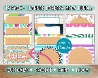 Paquete de bordes y marcos para pancartas de proyecto y pintura, pancartas con plantillas de Canva, pancartas pintadas personalizables, diseños de pancartas de primavera y verano