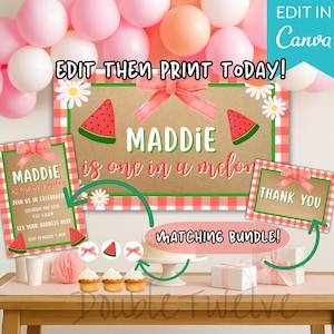 Watermelon First Birthday Bundle, Party Pack Matching Banner Invitation Template, One in a Melon Theme Printable Package, Thank You Cards