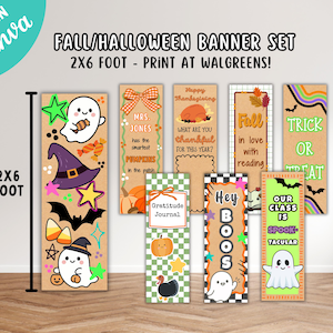 Puede incluir: Un conjunto de ocho pancartas rectangulares verticales con temas de oto&ntilde;o y Halloween. Los dise&ntilde;os incluyen fantasmas, calabazas, pavos, murci&eacute;lagos y textos como 'Trick or Treat', 'Hey Boos', 'Fall in love with reading' y 'Our class is spook-tacular'.
