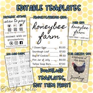 Imprescindibles para puestos de granja: impresiones inspiradas en abejas y plantillas editables de Canva, letreros para puestos de granja en carretera, tarjetas para el cuidado de los huevos, expositores para mercados agrícolas.