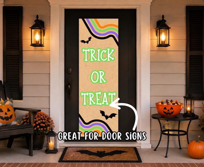 Puede incluir: Un letrero de puerta rectangular vertical con fondo color canela, el texto verde TRICK OR TREAT, siluetas de murci&eacute;lagos negros y rayas onduladas en naranja, verde lima y morado. El letrero incluye el texto GREAT FOR DOOR SIGNS.