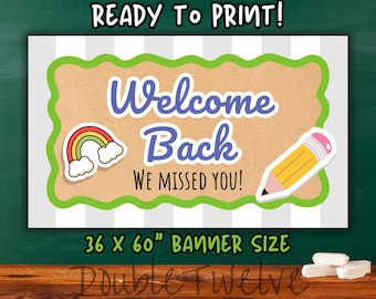 Back to School Banner, Erster Schultag Klassenzimmer Poster, Willkommen zurück, wir haben dich vermisst, Studentenschild, druckbares Banner für Schuldekor