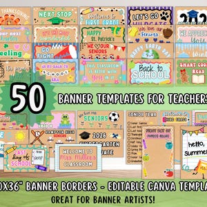 Può includere: Una collezione di 50 modelli di banner per insegnanti, con vari design per diverse occasioni. I banner includono frasi come "Happy Thanksgiving", "Welcome to First Grade" e "Back to School". I modelli sono 152x91 cm.