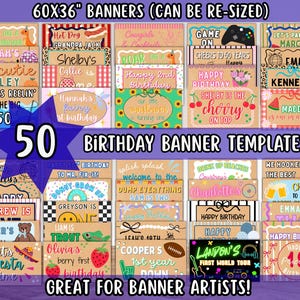 May include: A collection of 50 birthday banner templates with various designs and text, including phrases like "Happy Birthday," names, and milestone ages. The banners are rectangular and feature diverse themes and colors, suitable for banner artists.