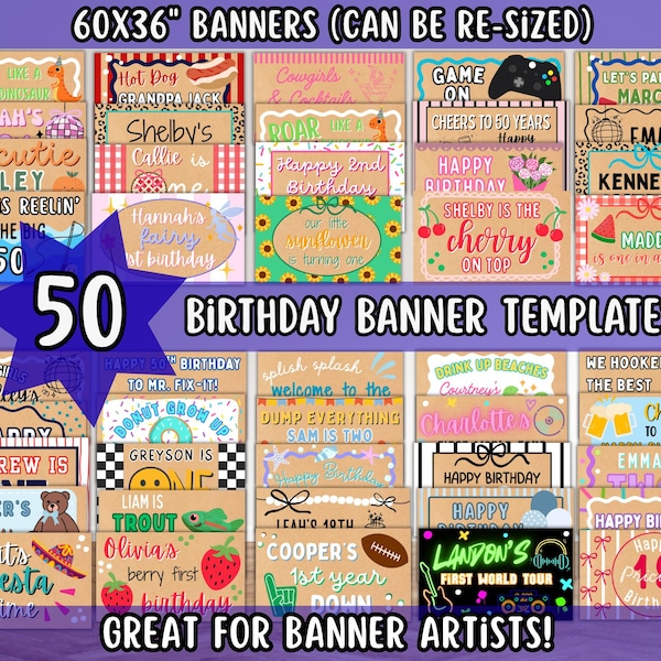 Project & Paint Birthday Banner Bundle, 50 Painted Banner Templates | Digital Canva Borders to Trace, Banner Artist Painting Mockups