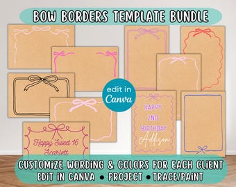 Bows Banner Borders Borders | Editable Templates | Painted Banner Digital Frames, Custom Banner Mockups for Birthday/Baby Showers/Events