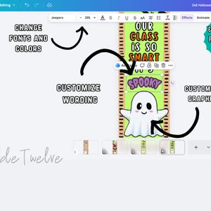 Puede incluir: Una plantilla digital para un cartel de puerta de aula de Halloween de 2x6 mostrada en una interfaz de editor Canva. El dise&ntilde;o presenta un fondo verde claro, un fantasma de dibujos animados y el texto "OUR CLASS IS SO SMART" y "SPOOKY" editables.