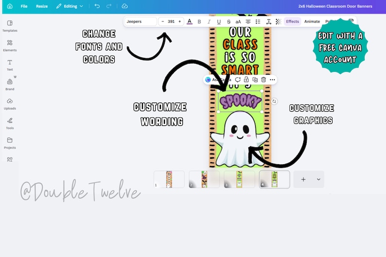 Puede incluir: Una plantilla digital para un cartel de puerta de aula de Halloween de 2x6 mostrada en una interfaz de editor Canva. El dise&ntilde;o presenta un fondo verde claro, un fantasma de dibujos animados y el texto "OUR CLASS IS SO SMART" y "SPOOKY" editables.