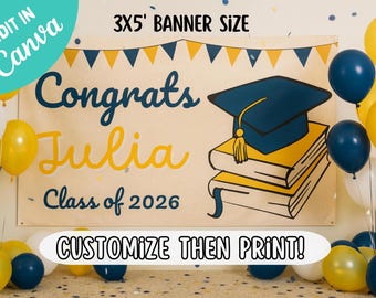 Graduation 3X5' Banner Template 2026, Editable Canva Graduation Signs, Printable Graduation Backdrop Decor, High School/College Grad Party