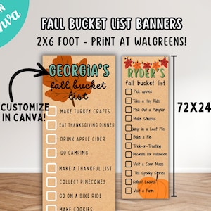 Puede incluir: Dos pancartas rectangulares verticales con fondo de papel kraft, que presentan listas de actividades de otoño. Las pancartas incluyen casillas de verificación, ilustraciones de hojas de otoño y calabazas, midiendo 60,96x182,88 cm.