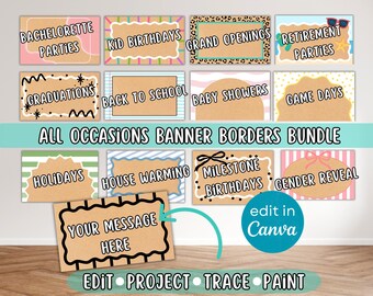 Painted Banners Borders + Frames | Project and Trace Templates for Banner Painting | 13 Editable Party/Holiday Signs, Digital Banner Bundle