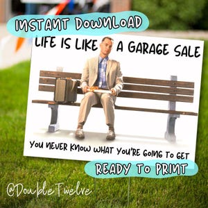 Placas engraçadas de venda de garagem, venda de garagem de Forrest Gump, pôster de venda de garagem para impressão, comunidade de bairro, venda de mudança, placa de venda de garagem
