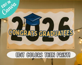 Modelo de banner de formatura 2026, placas de formatura editáveis no Canva, decoração de fundo de formatura com aparência pintada, festa de formatura do ensino médio