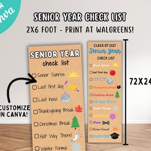 May include: Two vertical rectangular senior year checklists with a kraft paper texture background. The text reads Senior Year Check List, Class of 2027, and includes various icons like a sun, apple, pencil, disco ball, leaf, tree, and graduation cap. Dimensions are 72x24 inches.