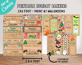 Puede incluir: Una colección de pancartas navideñas imprimibles con varios diseños estacionales para Halloween, Acción de Gracias y Navidad. Las pancartas incluyen textos como Happy Halloween, Merry and Bright y Let's Get Jolly, con gráficos como fantasmas, calabazas y árboles. Las dimensiones son 61x183 cm.