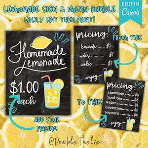 Pacchetto poster e cartelli con prezzi per bancarelle di limonata, modello Canva modificabile, stand estivo per bambini stampabile, food truck mobile per attività di e-commerce di limonata
