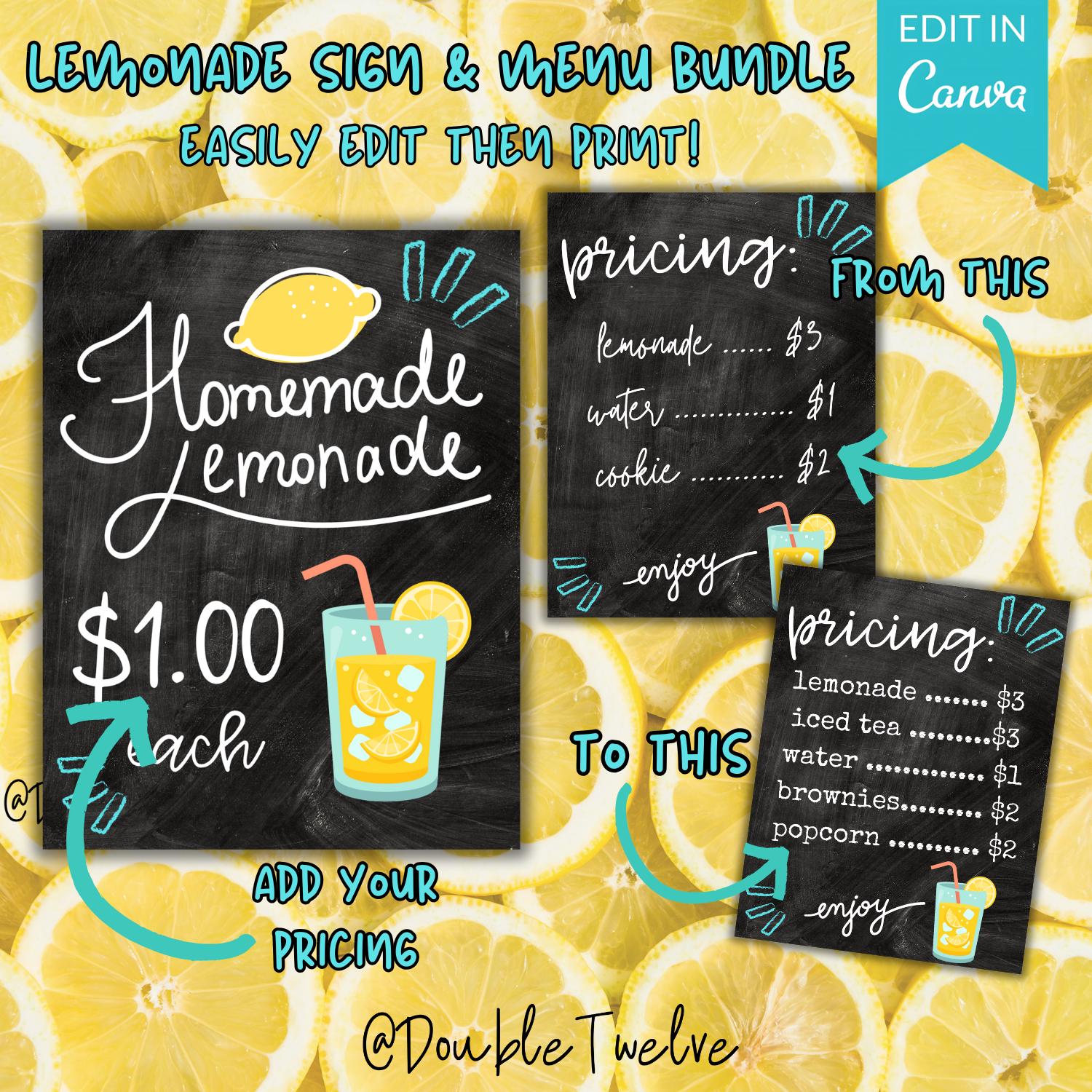 Lemonade Stand Poster & Pricing Sign Bundle, Editable Canva Template, Summer Kids Booth Printable, Mobile Lemonade Cart Business Food Truck