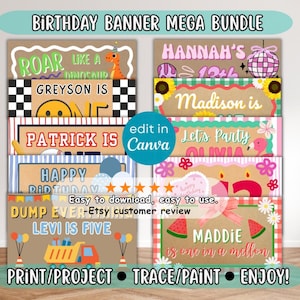 Pode incluir: Um conjunto de faixas de aniversário com vários designs e textos, incluindo "ROAR", "GREYSON IS ONE", "PATRICK IS", "HAPPY BIRTHDAY", "DUMP EVER" e "LEVI IS FIVE". As faixas são projetadas para serem impressas, traçadas, pintadas e apreciadas.