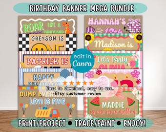 Painted Birthday Banners Mega Bundle, Hand Painted Banner Design Mockups to Trace/Paint, Boys & Girls Theme Party Backdrop | 1st 2nd 3rd