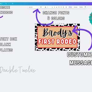 以下が含まれることがあります： 赤と黒の配色で「Brody's FIRST RODEO」というテキストが入ったデジタルデザインテンプレート。 デザインは牛柄のボーダーを背景に設定されており、メッセージをカスタマイズし、フォントと色を変更するための指示があります。