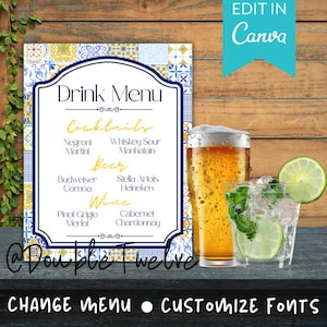 Mediterrane cocktails drankje menubord, Griekenland esthetische zomer BBQ-drankje tafel, bruiloftsbrunch, bewerkbare canvassjabloon, kenmerkende drankjes