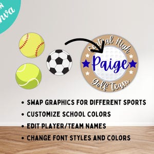 以下が含まれることがあります： 「Paige」と「Golf Team」という名前が青色で書かれたゴルフボールのデザイン。星で囲まれています。ソフトボール、サッカーボール、テニスボールが含まれています。「Edit in Canva」と書かれたテキスト。