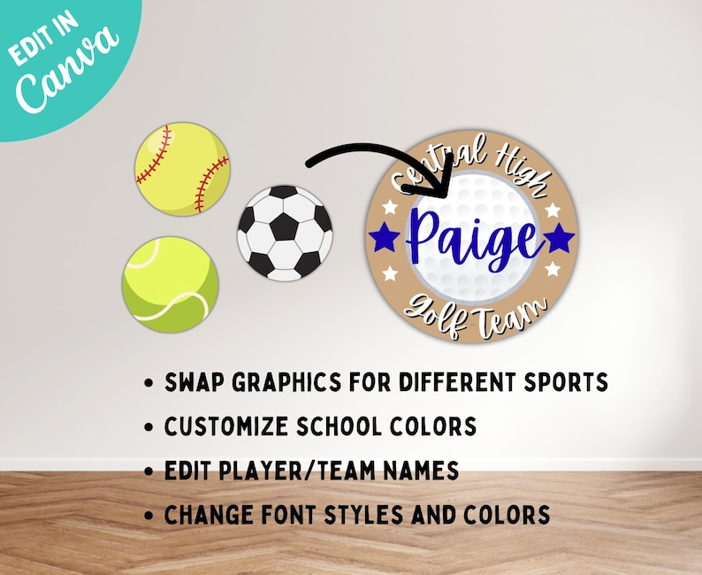 以下が含まれることがあります： 「Paige」と「Golf Team」という名前が青色で書かれたゴルフボールのデザイン。星で囲まれています。ソフトボール、サッカーボール、テニスボールが含まれています。「Edit in Canva」と書かれたテキスト。