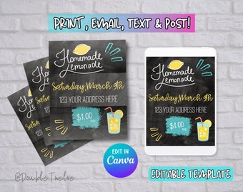 Printable Lemonade Stand Flyer, Customizable Template, Print Email Text Social Media, Chalkboard, Personalized Mailer, Custom Lemonade Stand