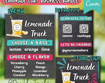 Paquete de letreros para negocios de limonada, carrito de bebidas móvil o camión de comida, letrero personalizable para puesto de venta, plantilla PDF editable al instante en Canva.